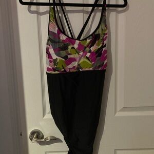 George Black One-Piece Swimsuit with Pink & Green Pattern size 18